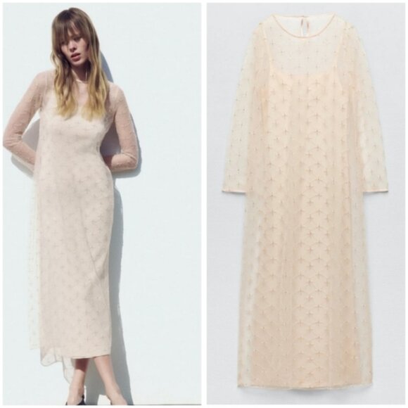 Zara Festive Knit Beaded Dress Limited Edition NWT Cava Beige Size Small - Picture 2 of 15